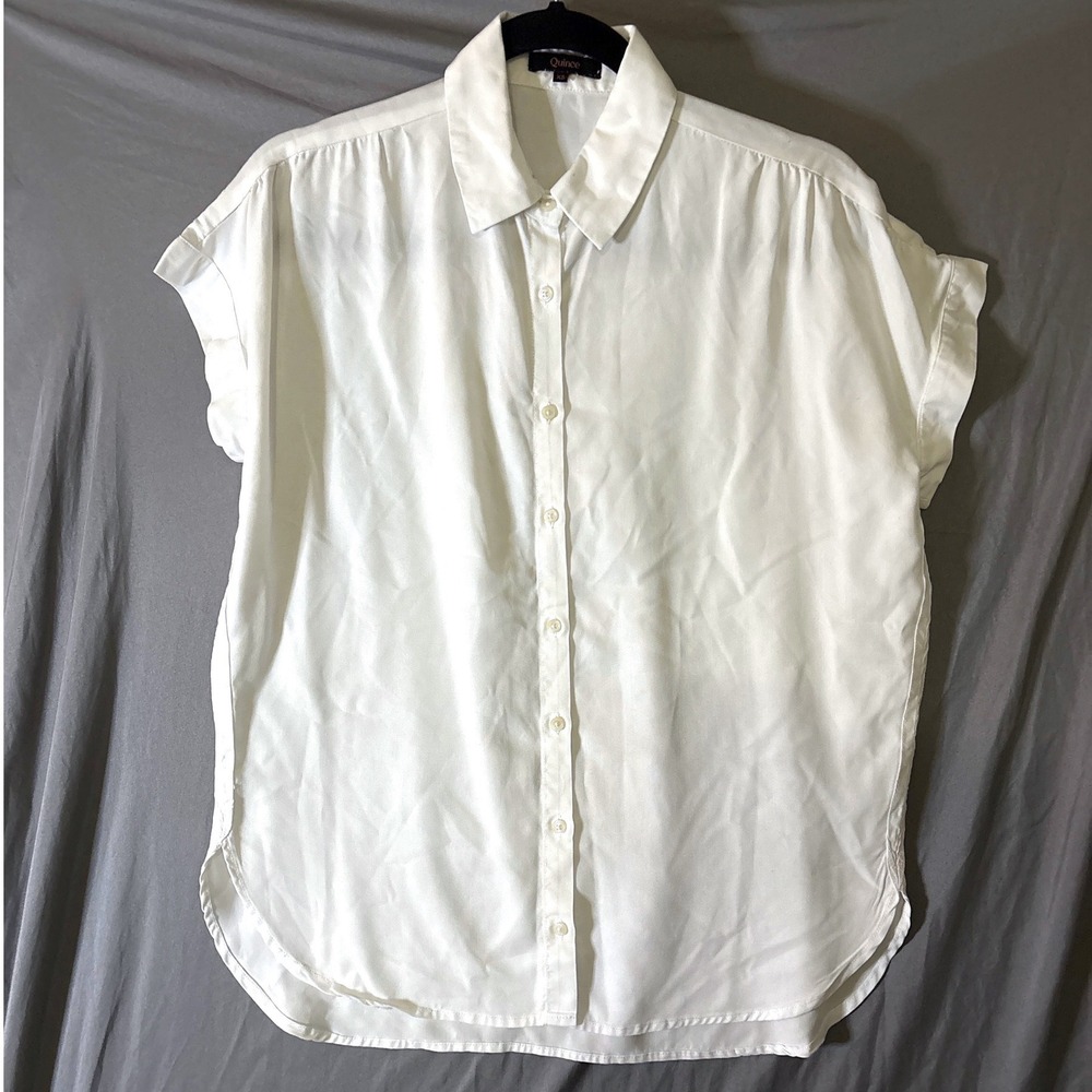 Quince Button Down Shirt XS White Minimalist Tencel Short Sleeve Collared Top